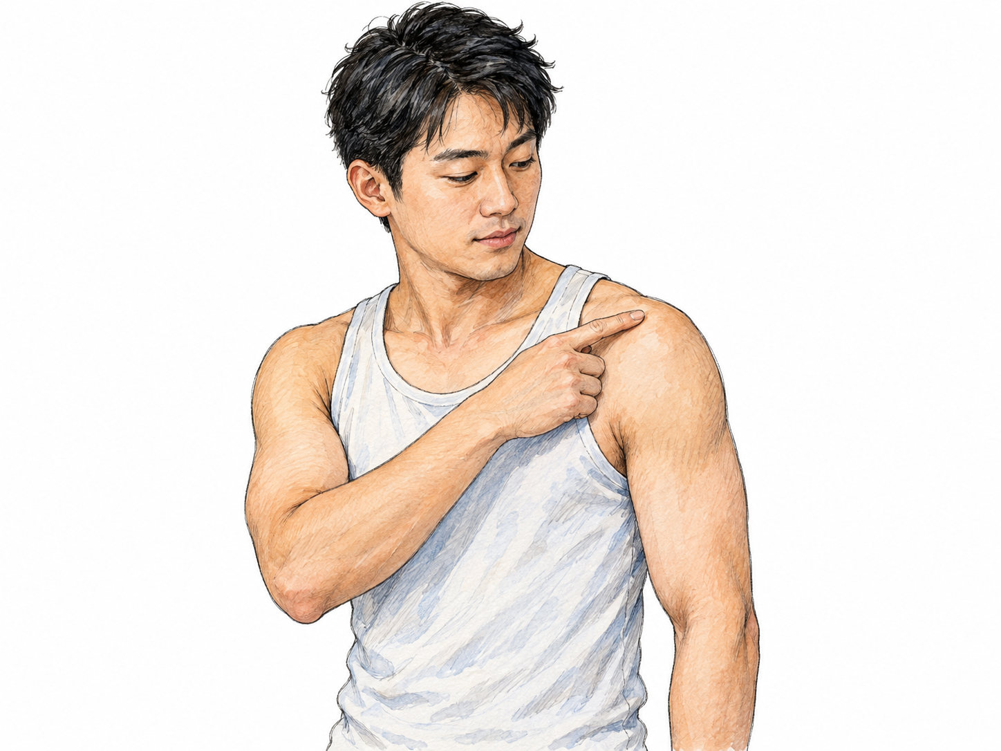 A waist-up three-quarter view of a man gently indicating his exposed shoulder with the opposite index finger, making the junction of upper arm and torso immediately clear.
