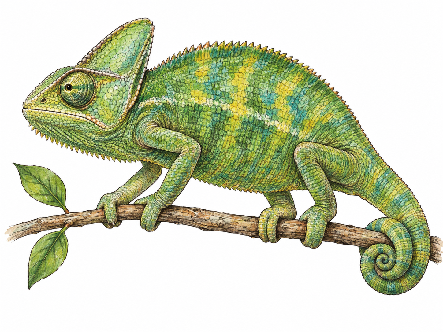 A clearly recognizable chameleon perched sideways on a slender branch: independently directed turret eyes, gripping paired toes, curled prehensile tail, and naturally varied green, yellow, and turquoise coloration make the animal immediately identifiable.