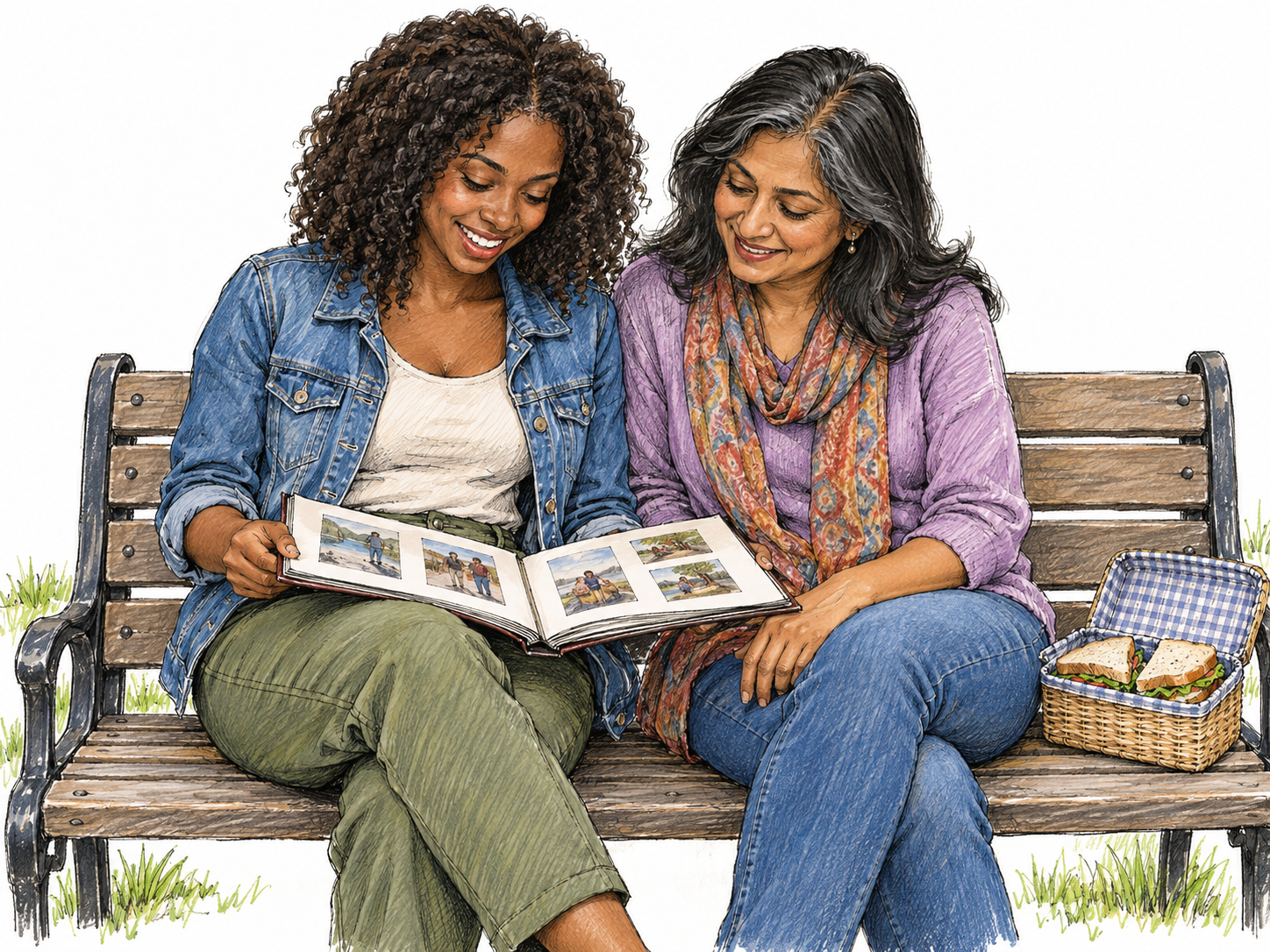 Two women spending relaxed time together on a park bench, sharing a small picnic and looking through a photo album.