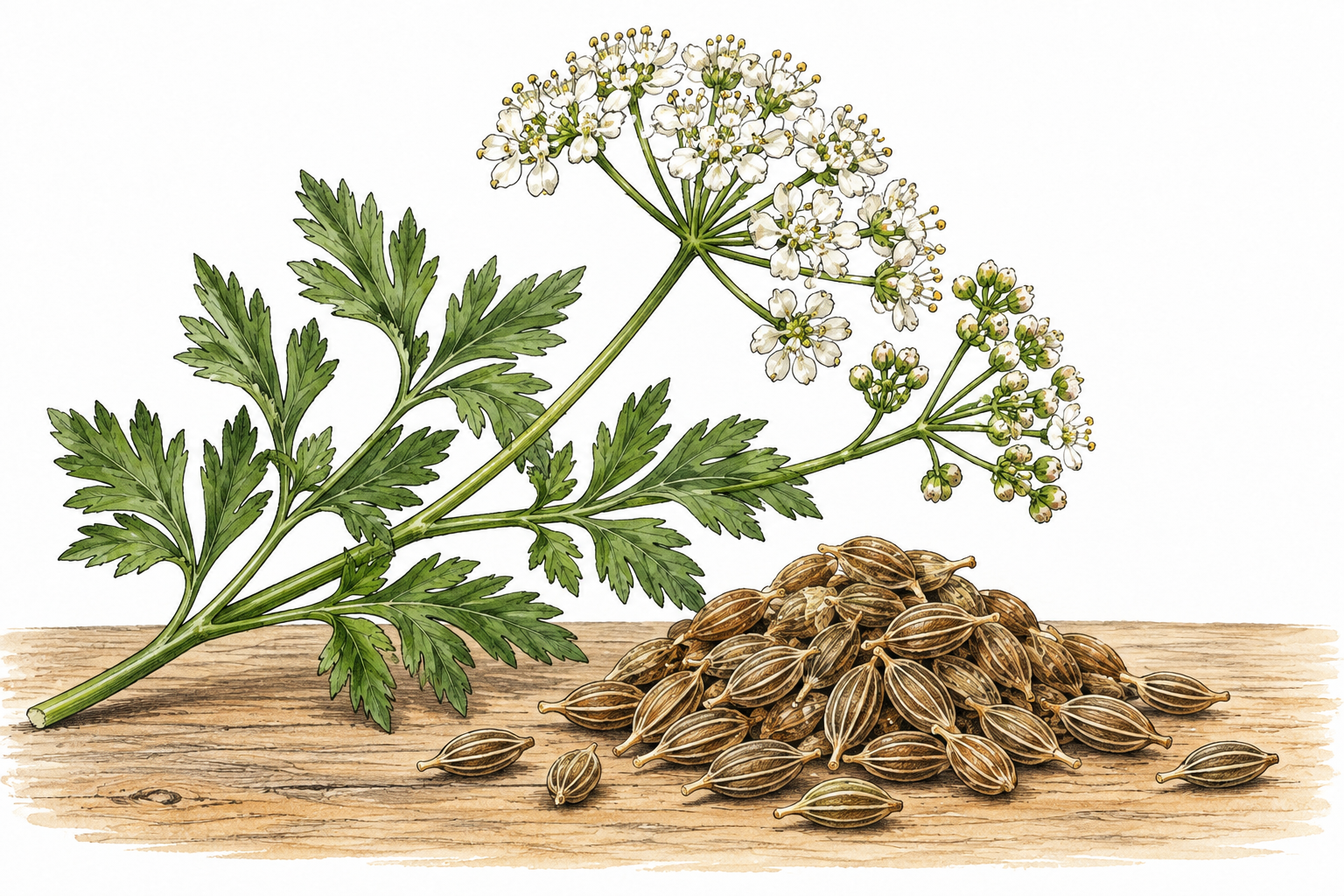 Anise plant sprig beside a small mound of ridged oval anise seeds on a plain wooden surface, botanically accurate, no star-shaped spice.