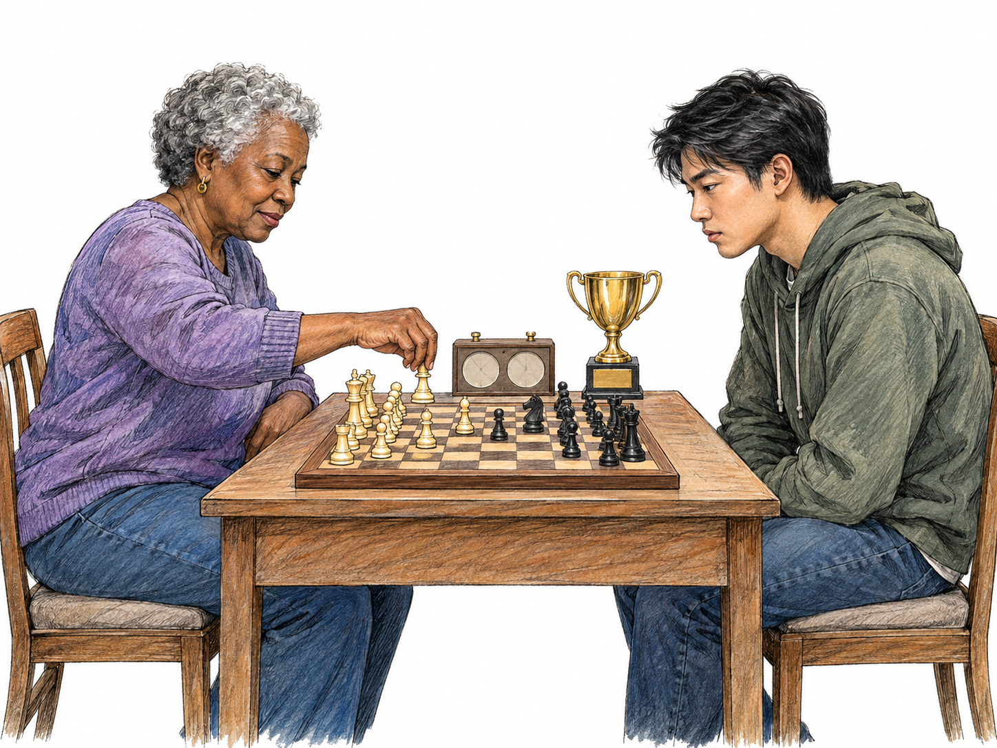 Two opposing chess players compete across one board, with a single winner's trophy beside it, making their shared goal and rival relationship visible.