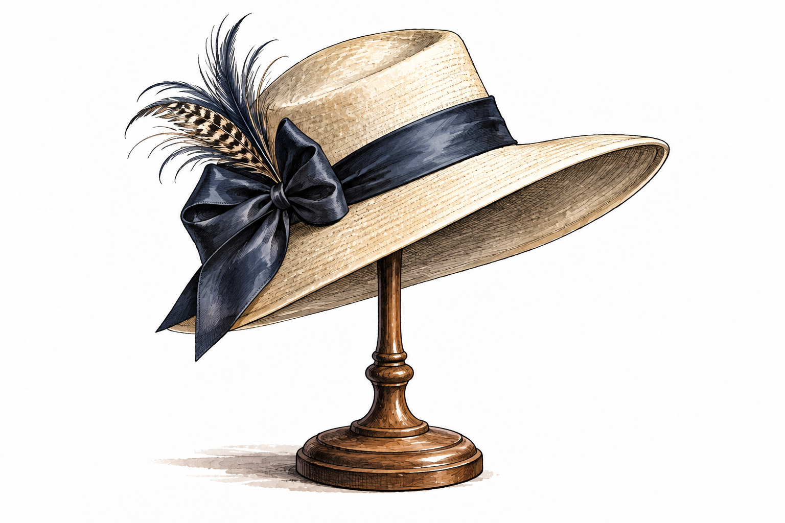 An elegant brimmed formal hat rests on a stand, stylish chapeau.