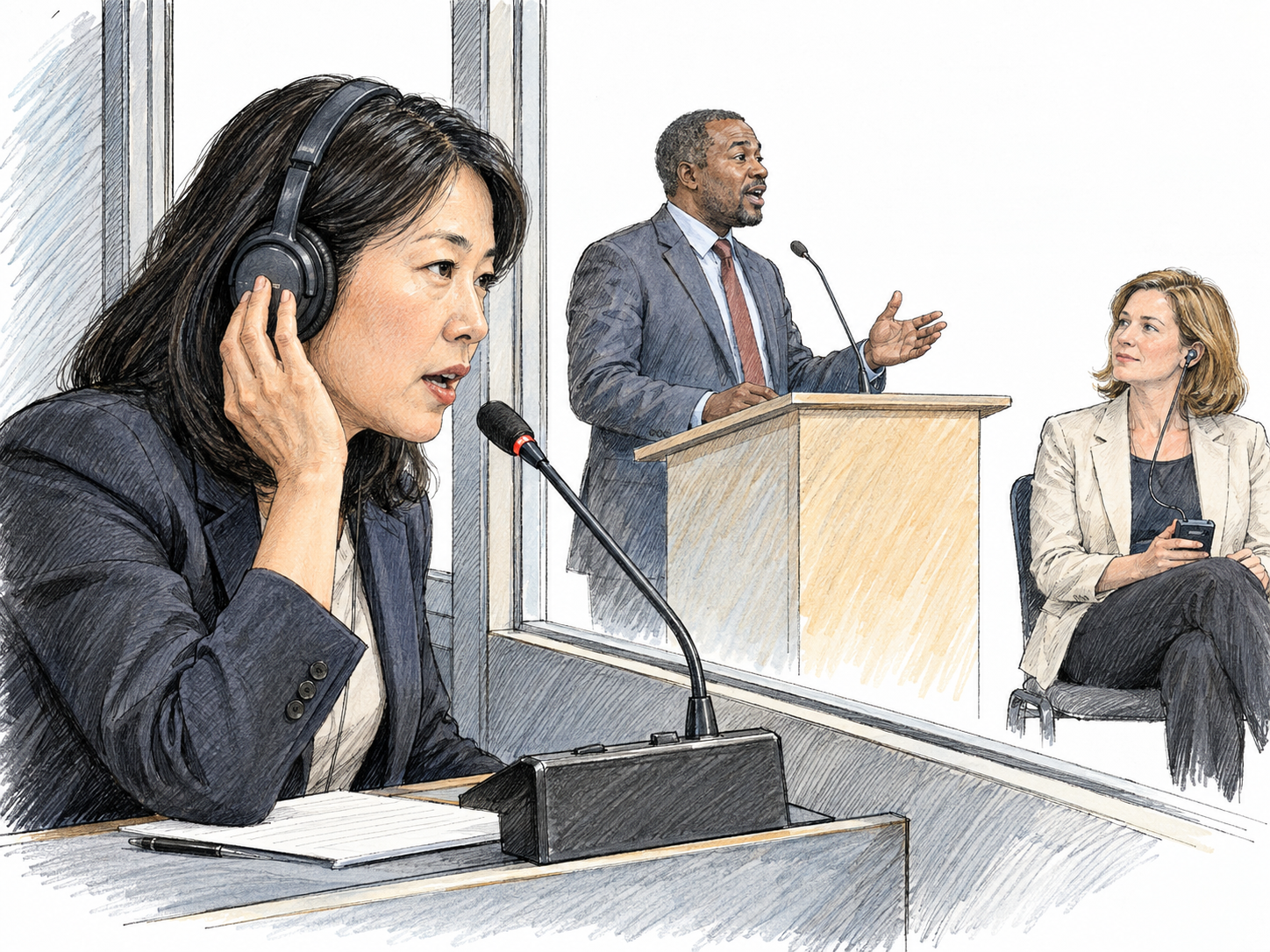 A simultaneous interpreter listens through headphones and speaks into a booth microphone while watching a live speaker; an audience member listens through a receiver headset.