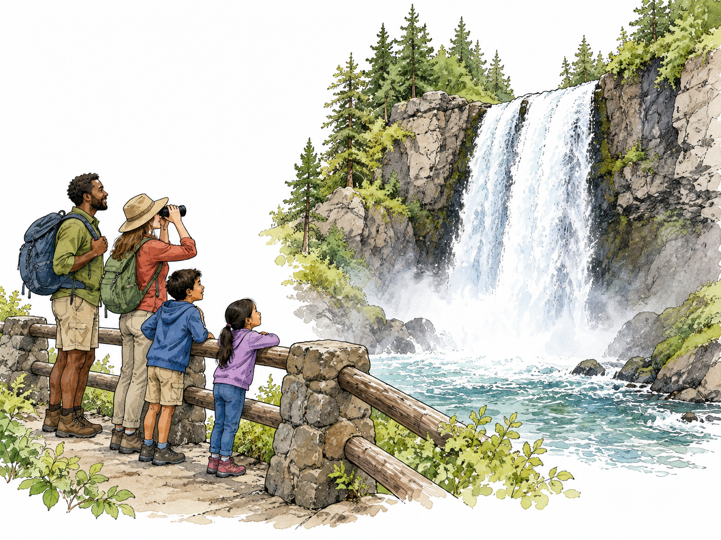 A beautiful waterfall attracts a small diverse group of visitors on a safe overlook.