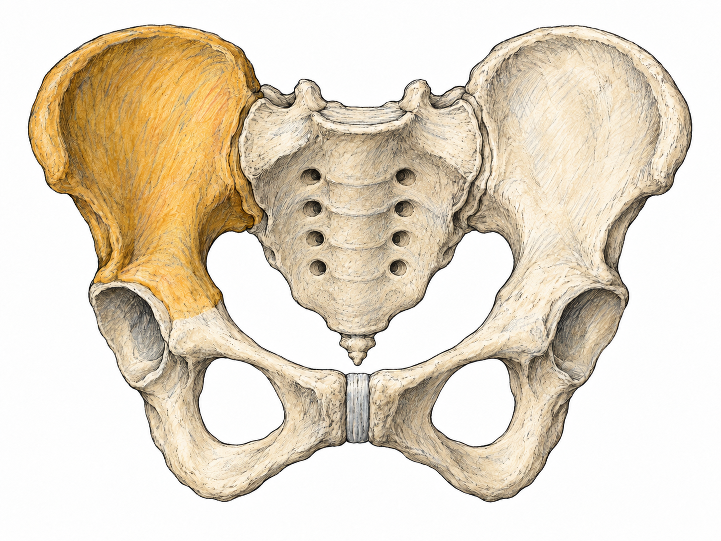 An anatomically accurate adult bony pelvis in anterior view, with one ilium selectively tinted muted ochre so its broad upper wing reads clearly against the remaining ivory bones.
