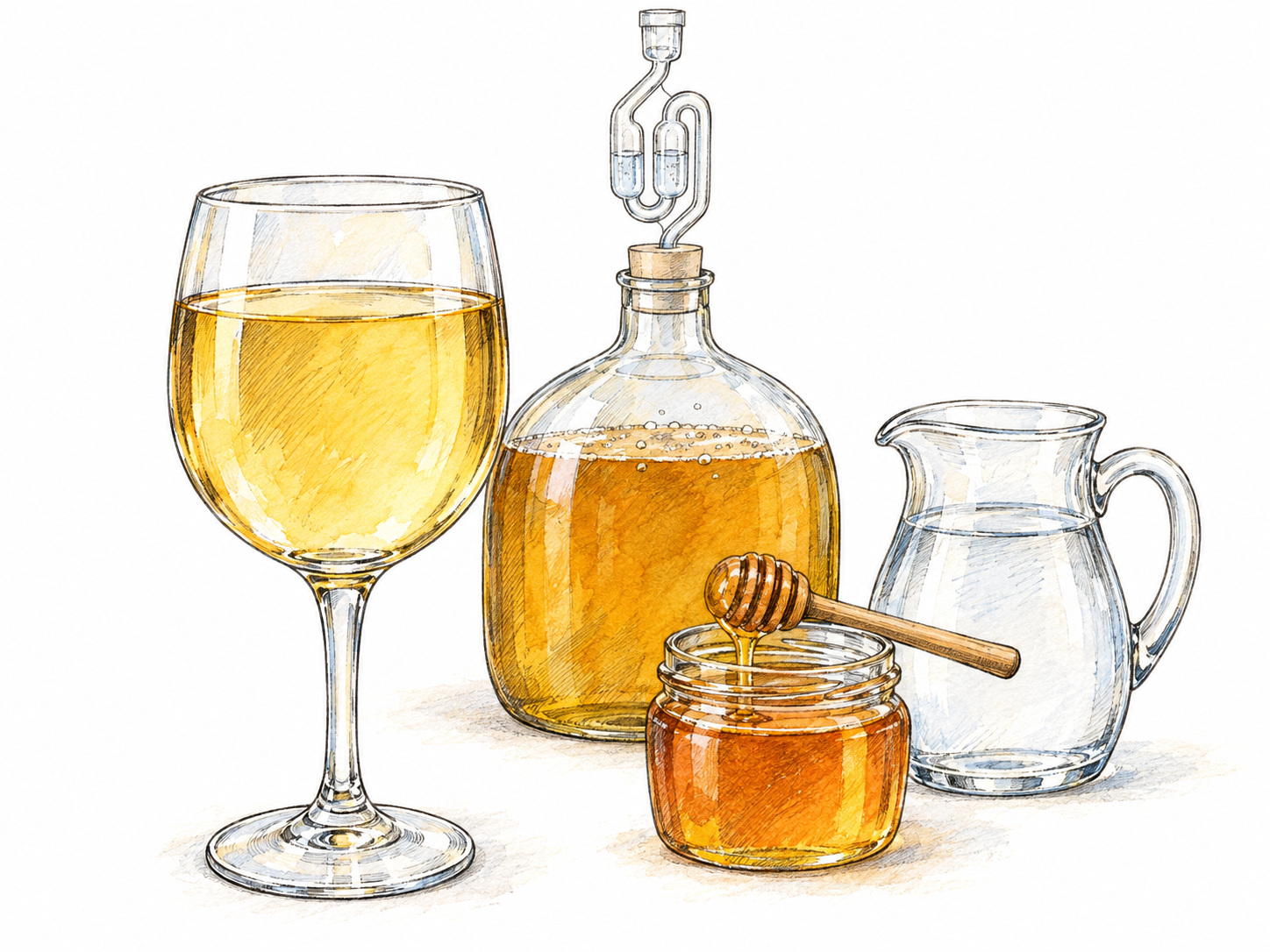 A glass of clear golden mead beside a small honey jar and a water pitcher, with a compact glass fermentation vessel and airlock behind them to establish the fermented honey-and-water drink.