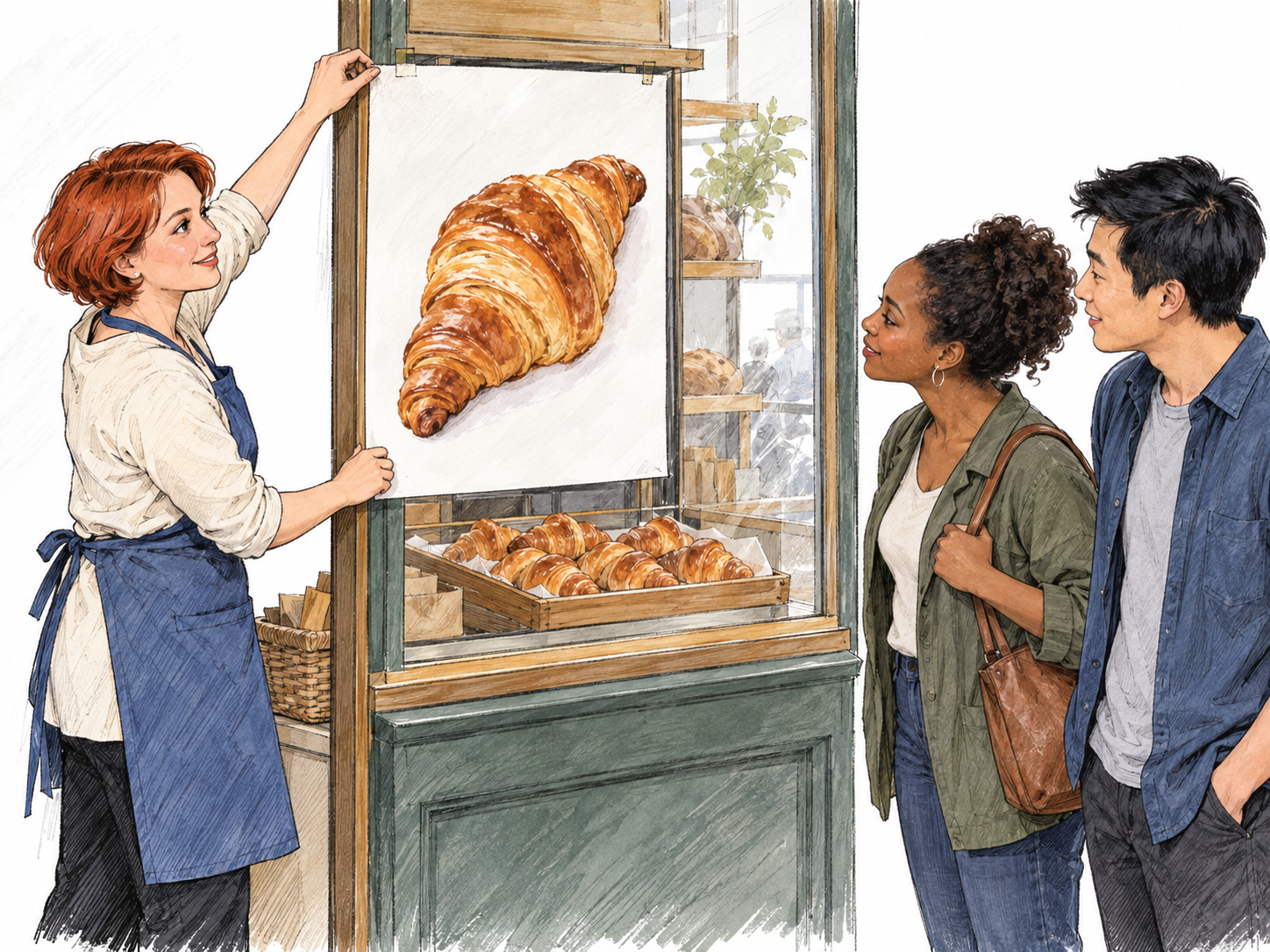 A bakery owner attaches a large picture-only poster of a croissant to the front of a simple bakery display while two passersby look toward it.