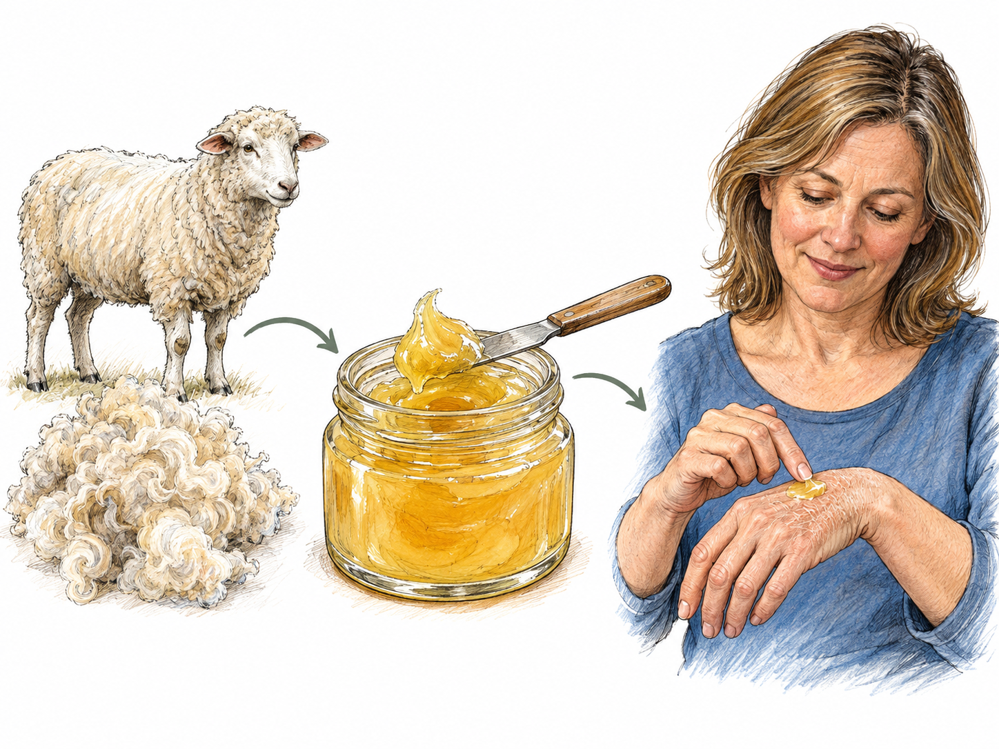 A compact source-to-use composition: a sheep beside freshly shorn wool, a small open jar of thick golden wool grease, and a woman applying a small dab to dry skin.