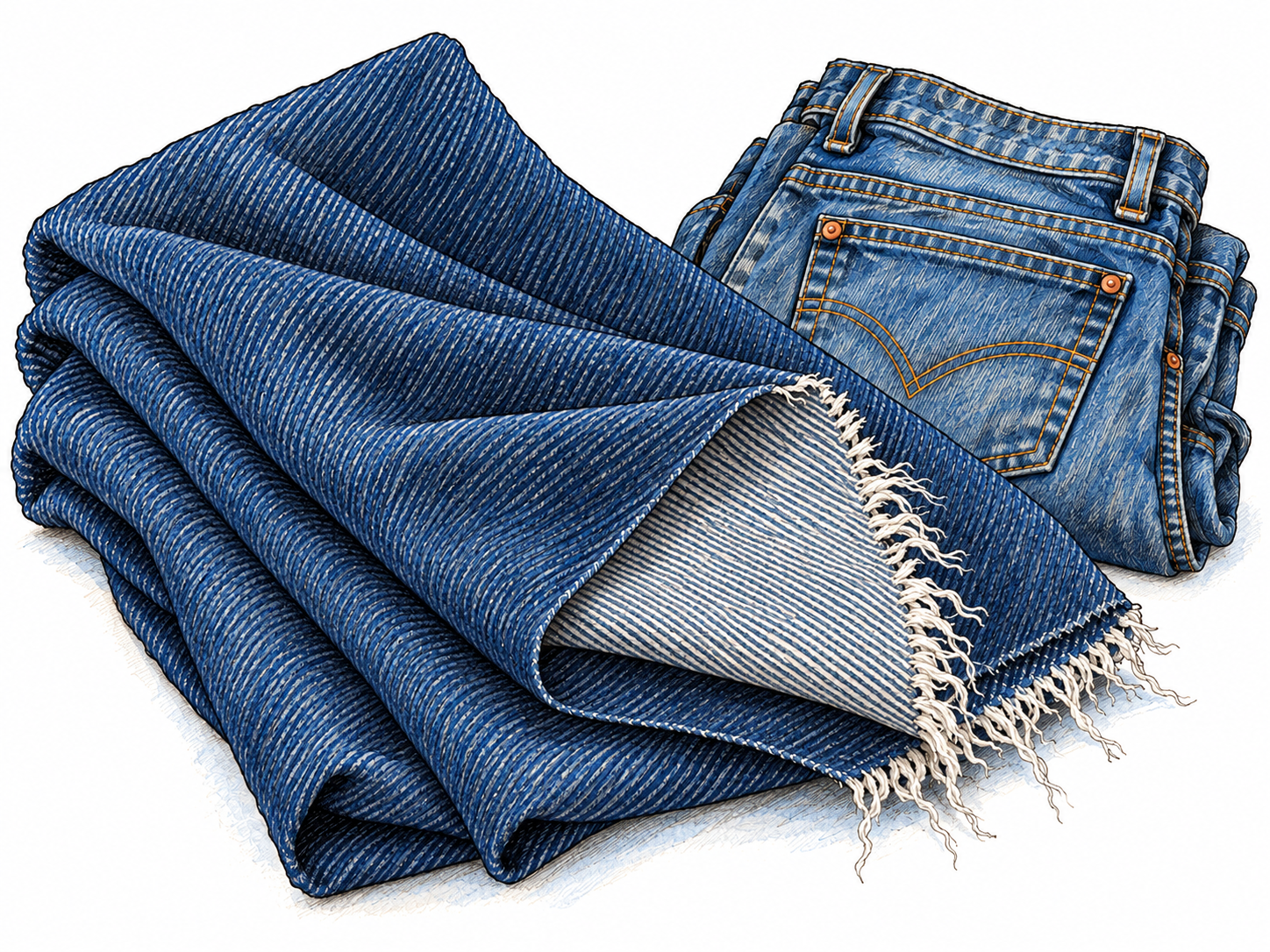 A folded length of sturdy indigo denim, with a turned-back corner exposing its pale reverse and a frayed edge revealing cotton threads, beside a small folded pair of jeans that establishes its familiar use.
