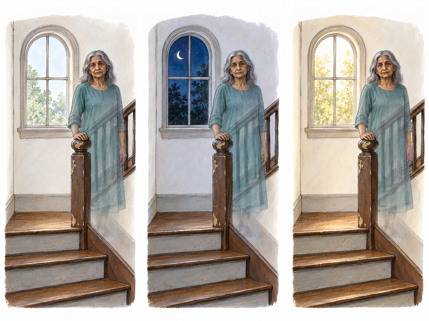 Three adjacent, text-free views of the same stair landing show the same ghost appearing there repeatedly: in daylight, at night, and in daylight again.