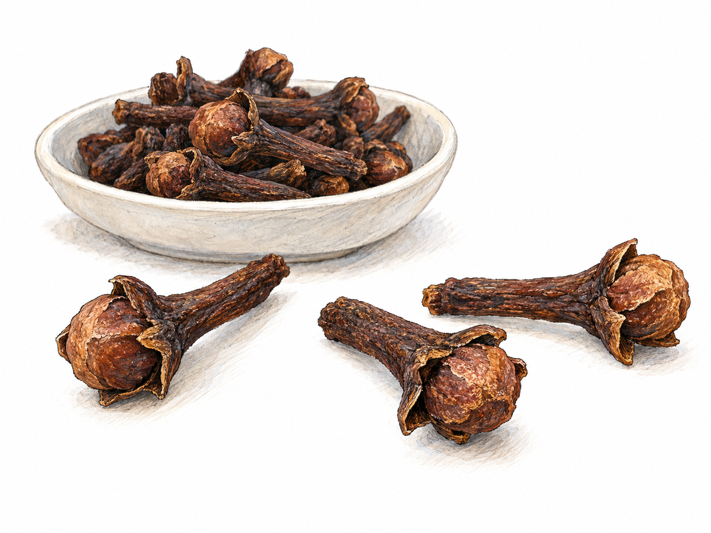 A close-up botanical-food still life of dried whole cloves in a small ceramic spice dish, with several loose buds enlarged in the foreground so their slender stalks and bulbous unopened flower heads are unmistakable.