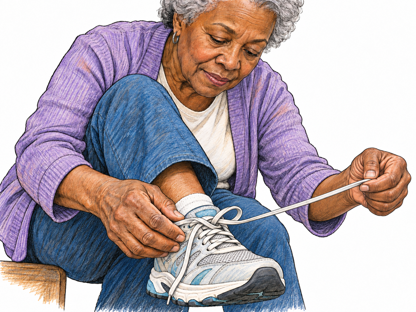 An older woman pulls a free shoelace end out of a bow, visibly collapsing one loop and loosening the fastening.