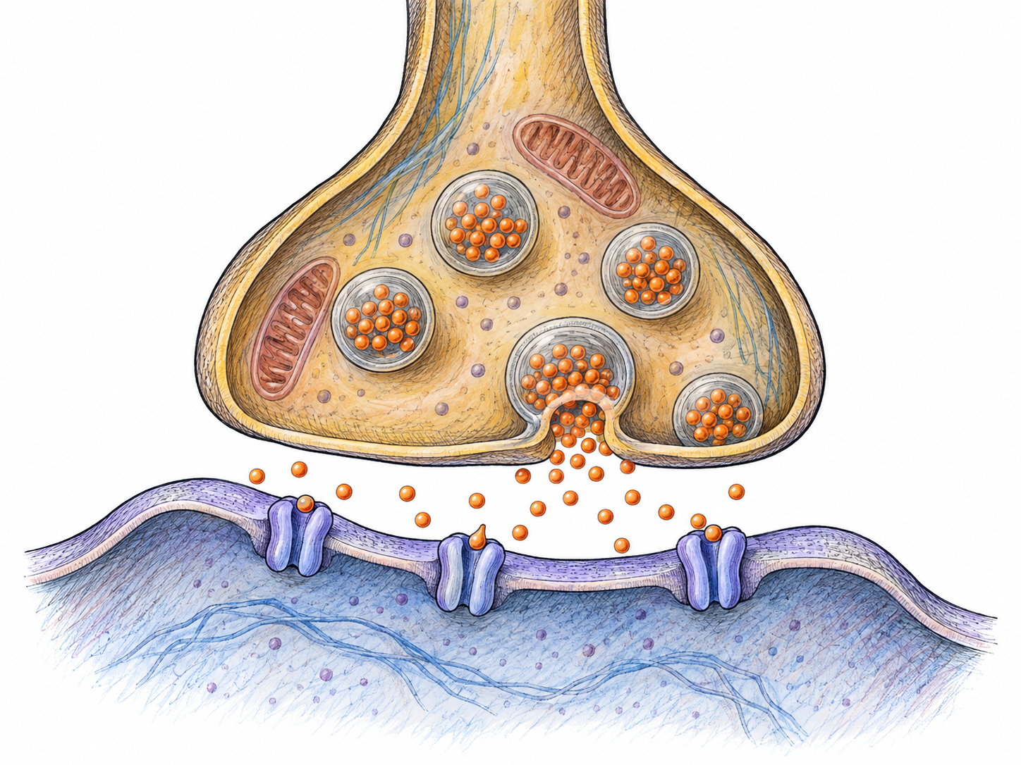 An enlarged cutaway of a chemical synapse: a nerve-cell axon terminal releases neurotransmitter molecules across a narrow gap toward receptors on the neighboring nerve cell.