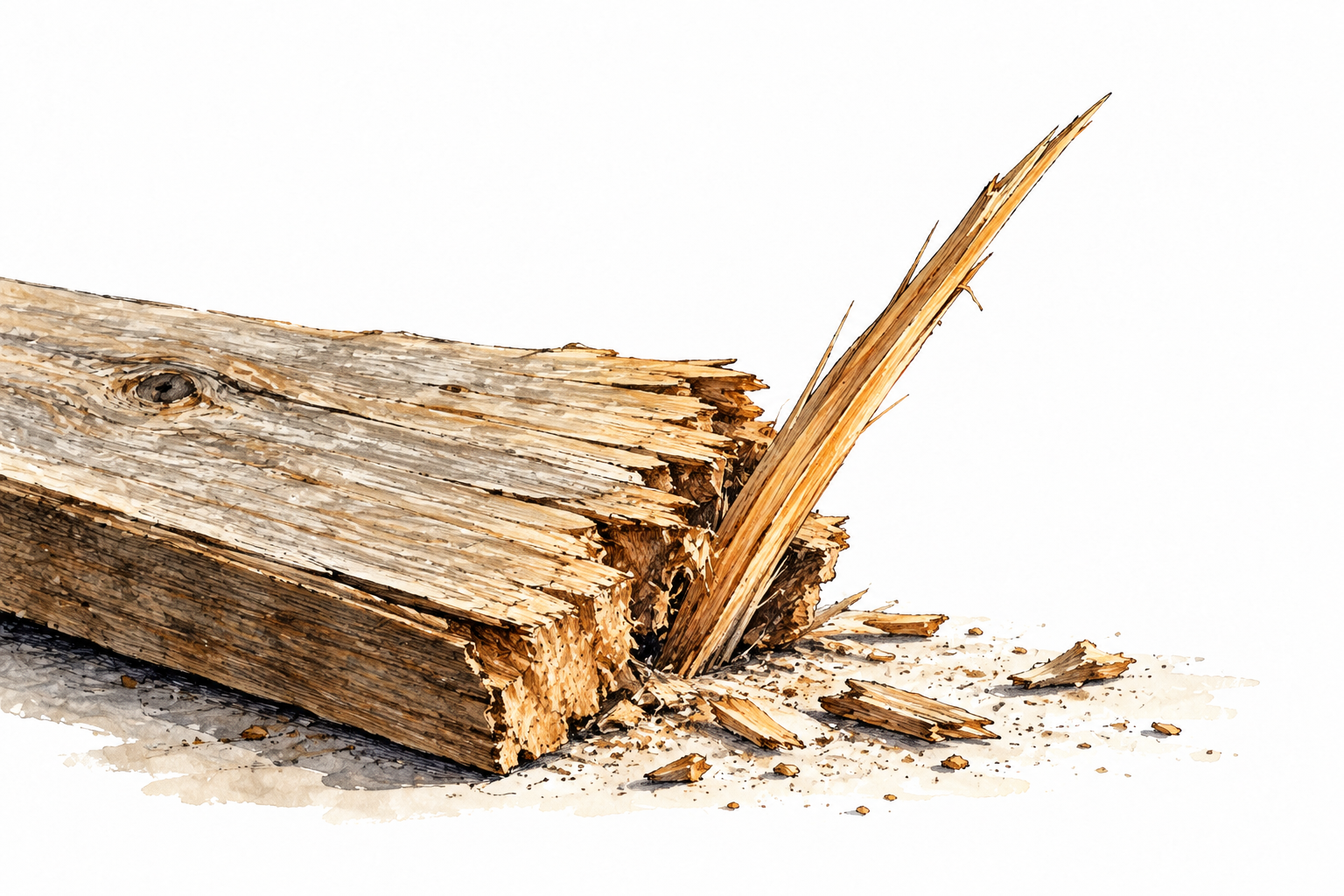 A thin sharp wooden splinter protrudes from a broken plank beside tiny chips, macro object scene.