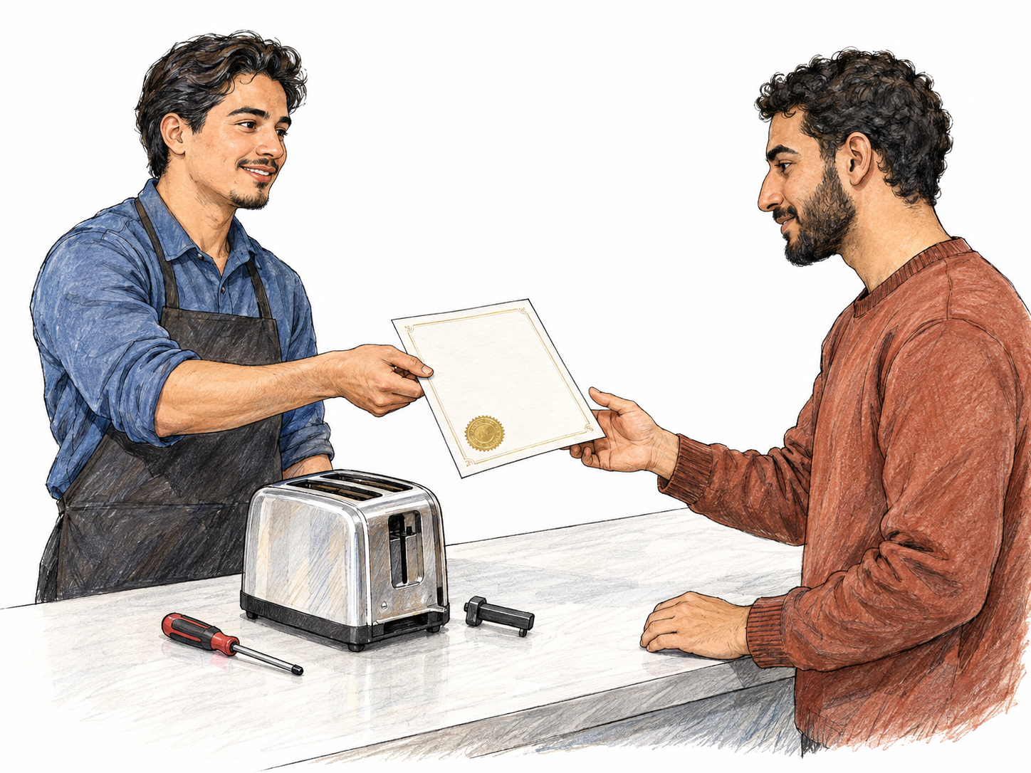 At a simple repair counter, a service representative hands a customer a formal guarantee certificate beside the customer's malfunctioning toaster, making a promise of repair concrete without written explanation.