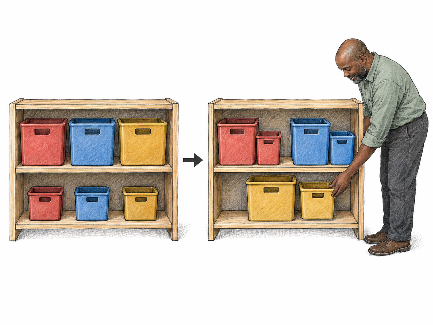 A two-panel view of the same storage system being rearranged: six colored bins initially grouped by size are regrouped by color.