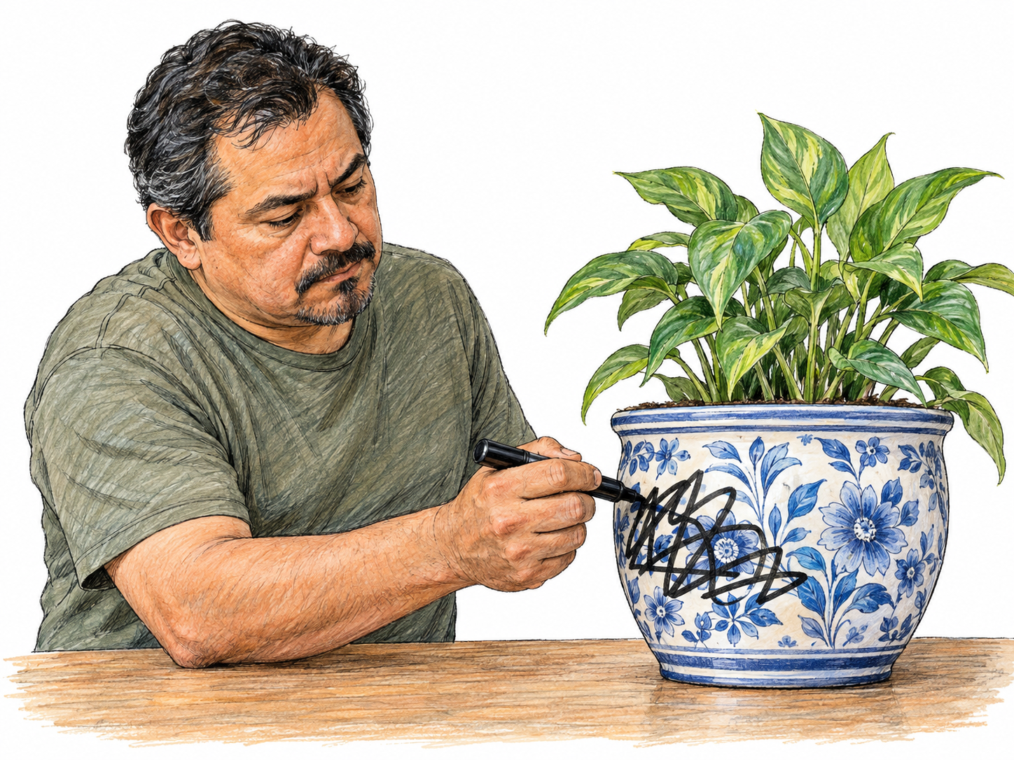 A middle-aged Latino man draws a thick, irregular black scrawl across the floral decoration of an otherwise pristine ceramic planter, visibly spoiling its appearance.