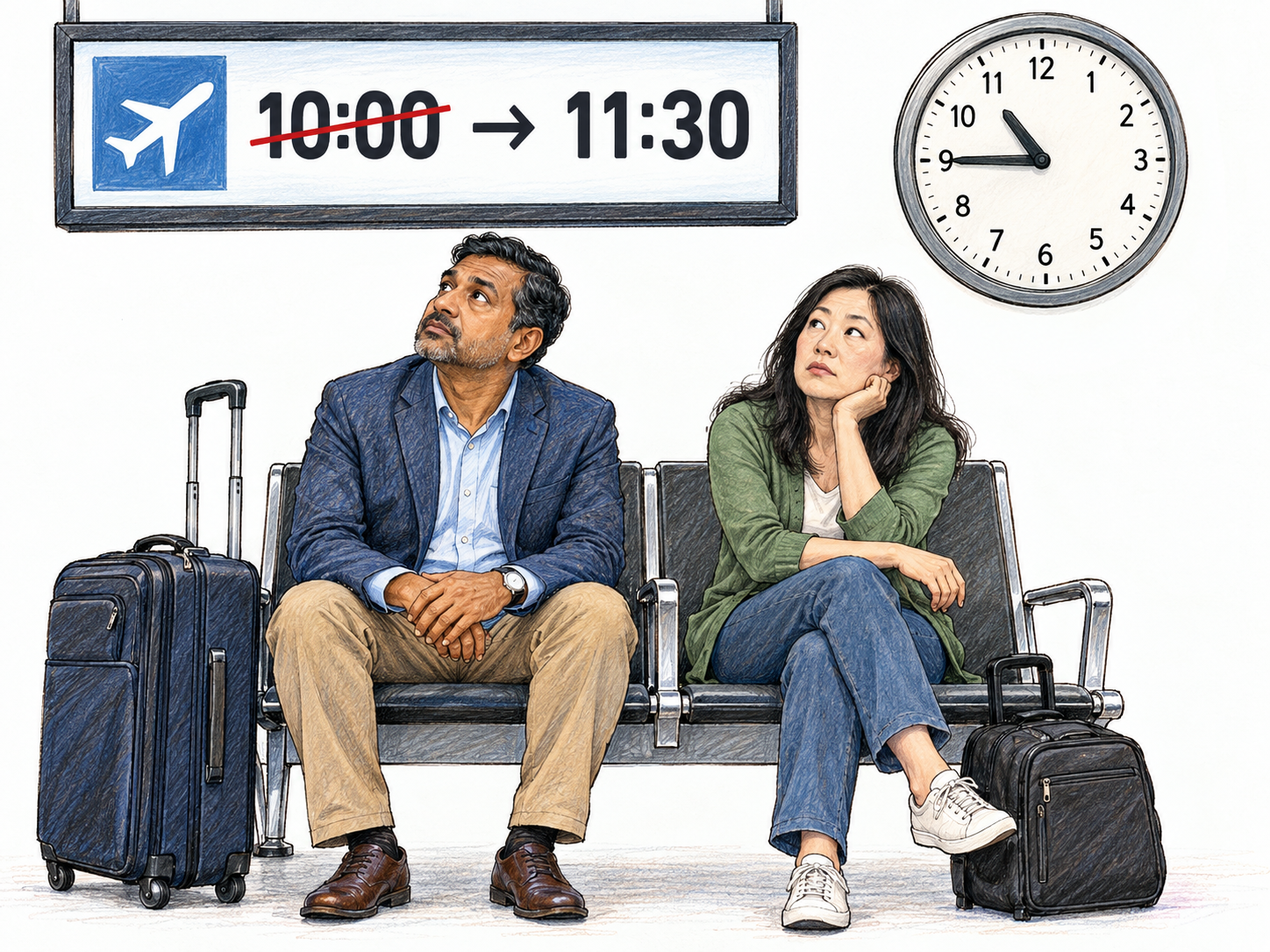 Two fellow passengers wait beside their luggage beneath an airport departure display showing a scheduled departure of 10:00 changed to 11:30; a nearby clock reads 10:45.