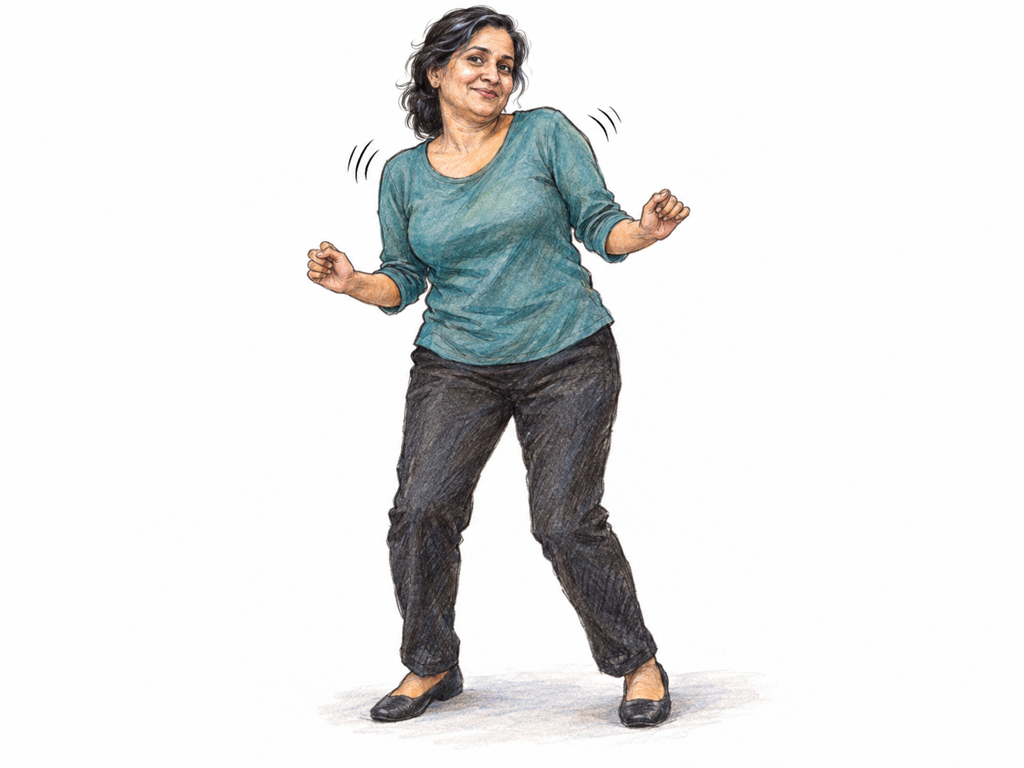 A middle-aged South Asian woman shimmies in place, rapidly shaking her shoulders side to side with relaxed bent arms and steady feet.