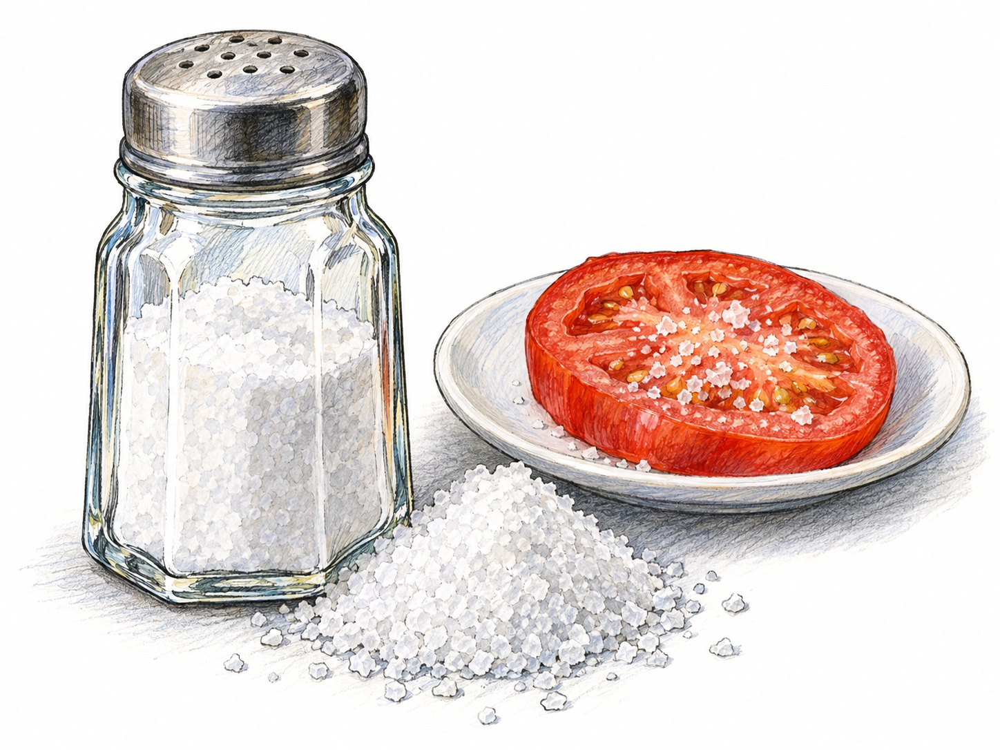 An unlabeled clear glass salt shaker beside a small mound of white salt crystals, with a simple tomato slice bearing a light sprinkling of the same crystals to establish culinary use.