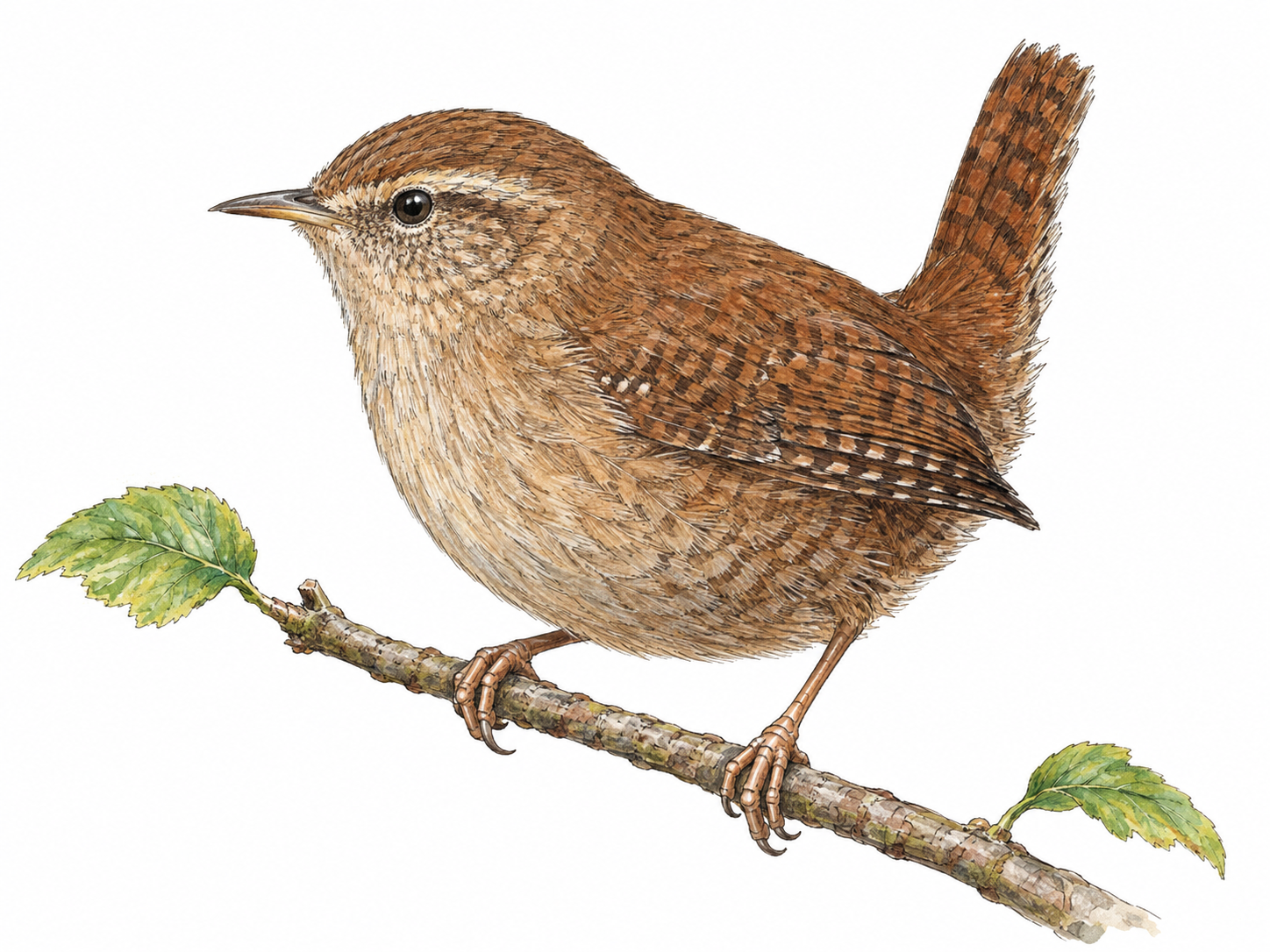 A single small brown wren perched in clear side profile on a slender twig, showing its rounded body, fine pointed bill, and distinctly short, cocked-up tail.