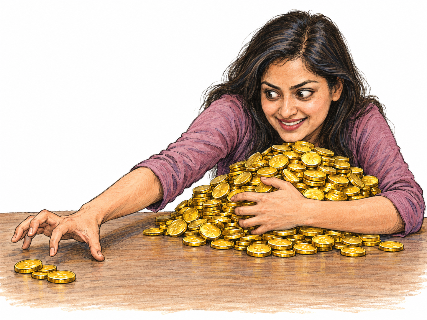 A woman with a large hoard of gold coins already gathered against her body reaches covetously for the few coins remaining beyond it, visibly wanting still more despite her abundance.