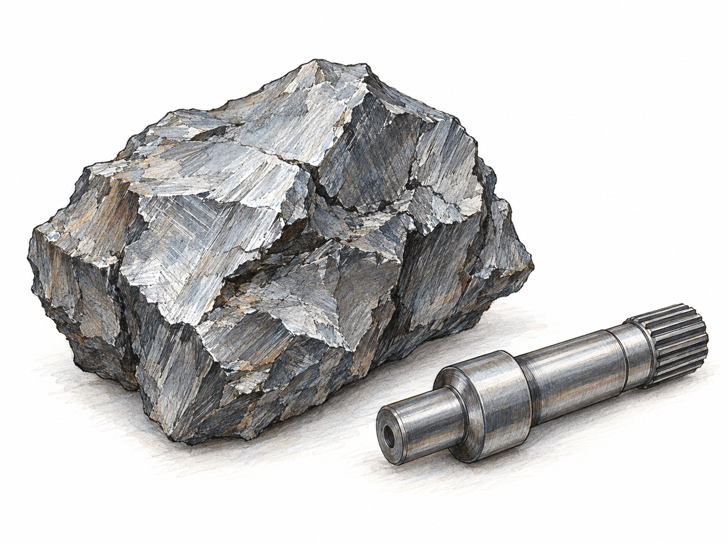 An irregular silver-gray molybdenum specimen beside a small machined alloy-steel shaft, connecting the metallic element with its use in strong alloys.