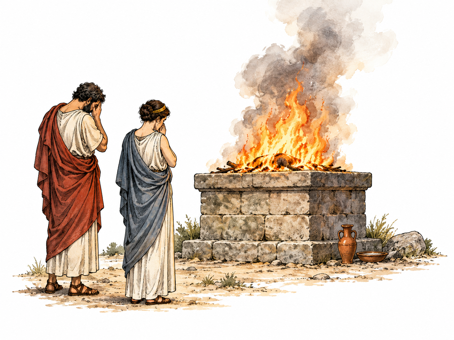 A distant ceremonial stone altar burns with a small animal offering mostly obscured by flame and smoke, mournful witnesses stand back.