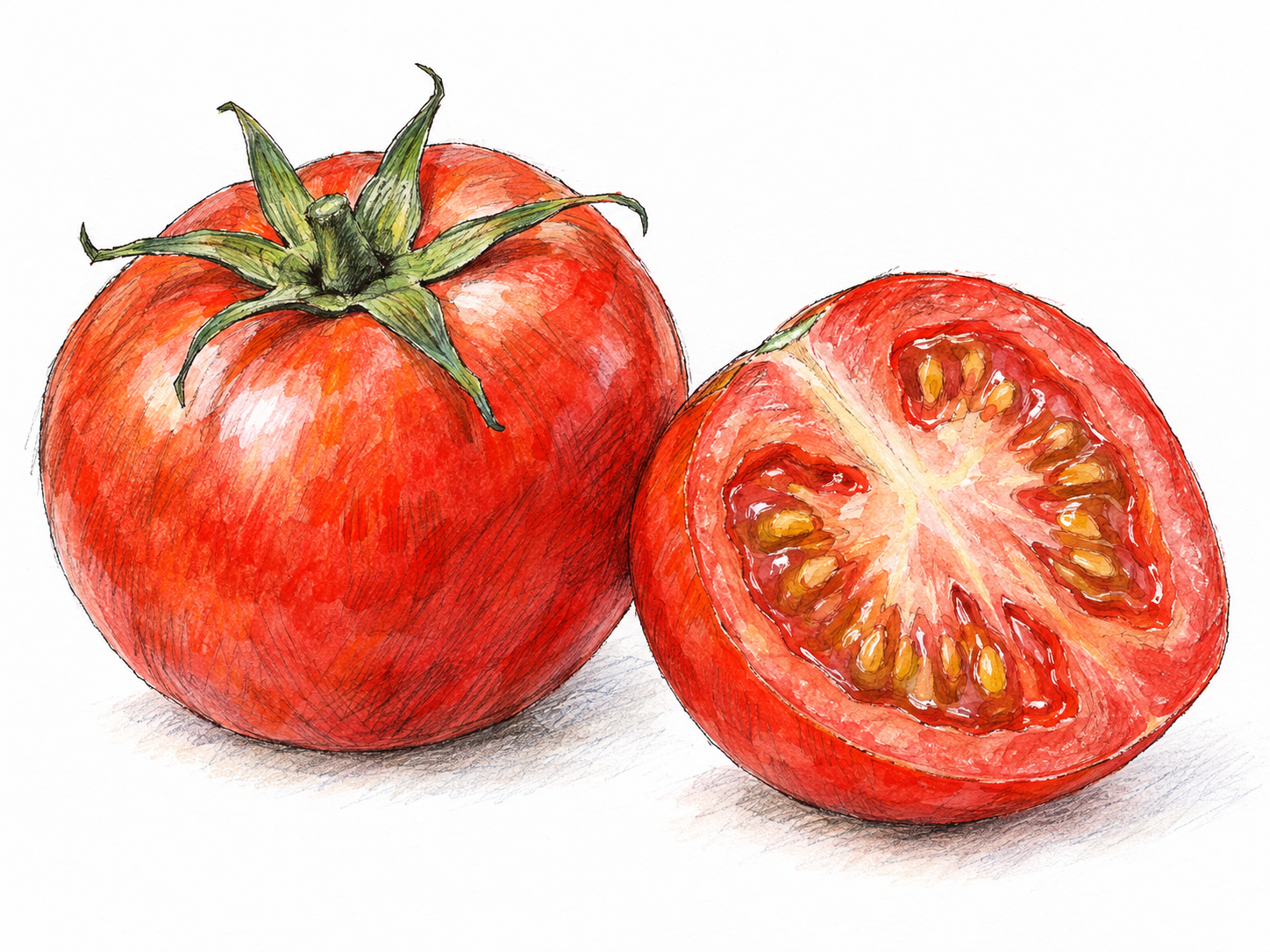 A ripe red tomato with a green calyx beside a cut tomato half, clearly revealing soft flesh and seed-filled chambers.