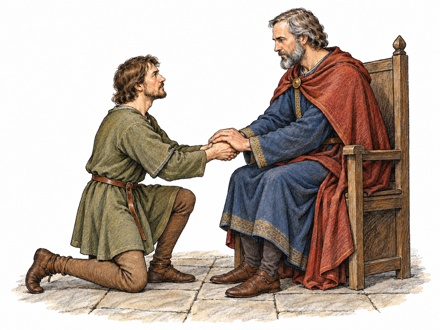 A medieval vassal kneels before his seated lord, placing his joined hands between the lord's hands in the recognizable homage gesture of personal allegiance.