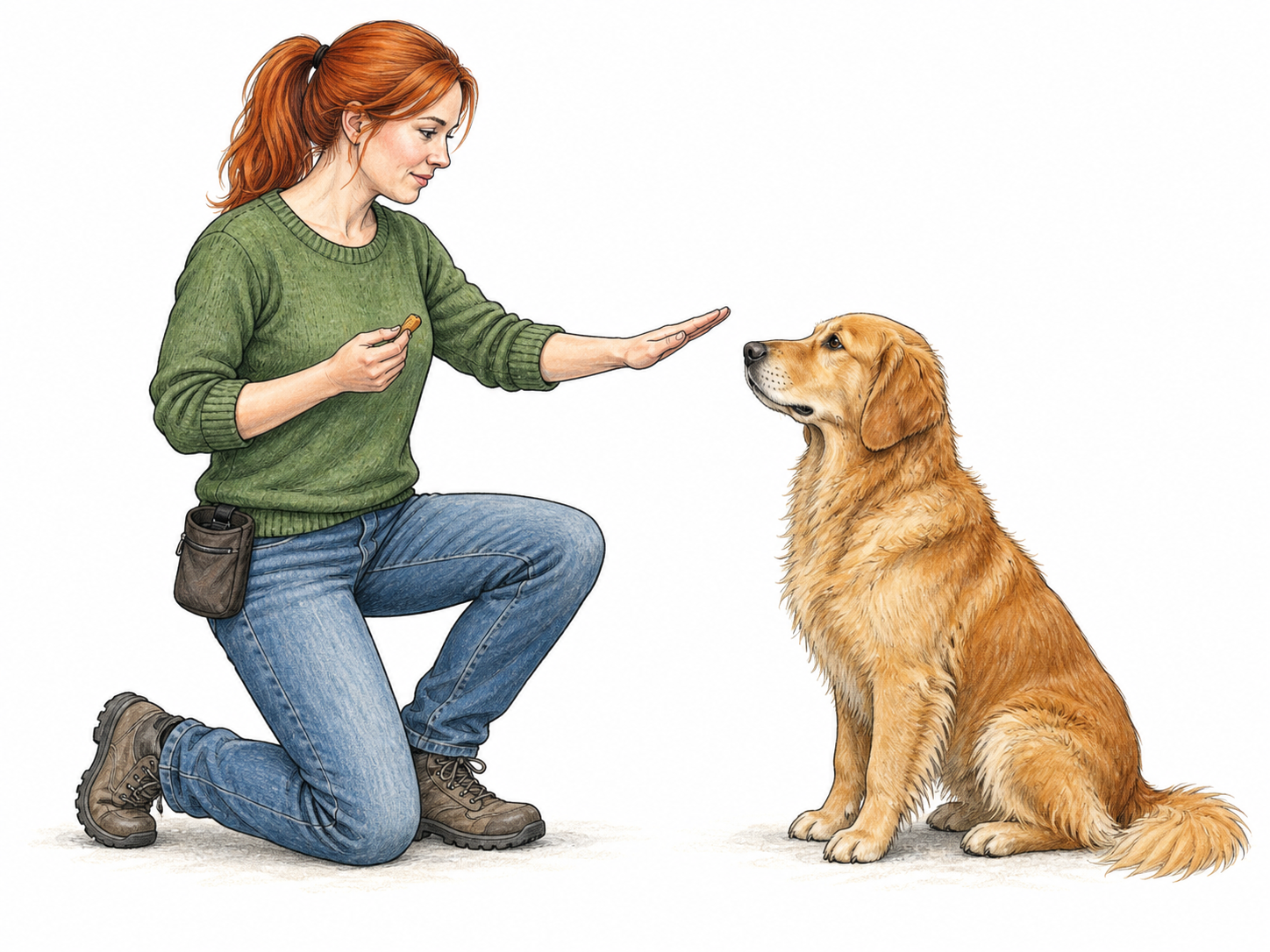 Woman gives clear palm-down command while dog obediently sits still facing her, reward treat held ready; focus on fulfilled instruction, no writing.