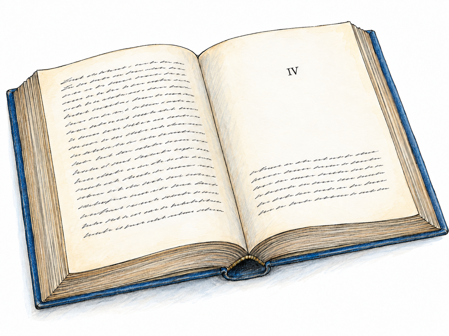 An open hardcover book at the beginning of a new chapter, marked by a single small Roman numeral and a large blank area above restrained, nonlegible ink strokes suggesting the opening paragraph.