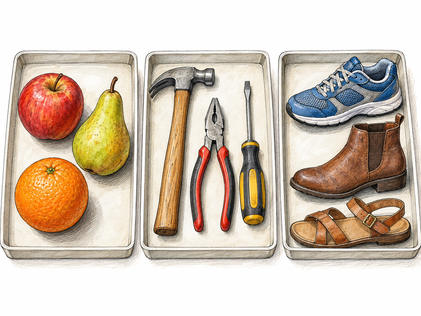 Three separate shallow trays group everyday objects by kind: fruits, hand tools, and footwear.
