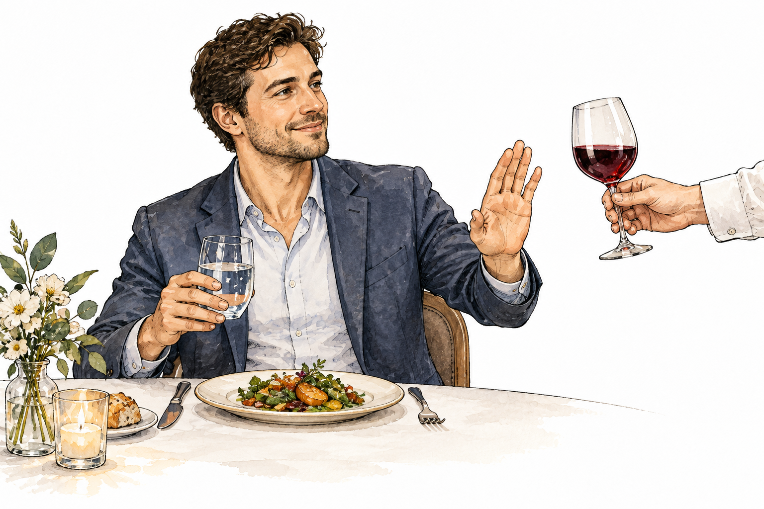 A composed alert modern adult at a dinner choosing a water glass and gently declining an offered wine glass, clear steady demeanor, no labels.