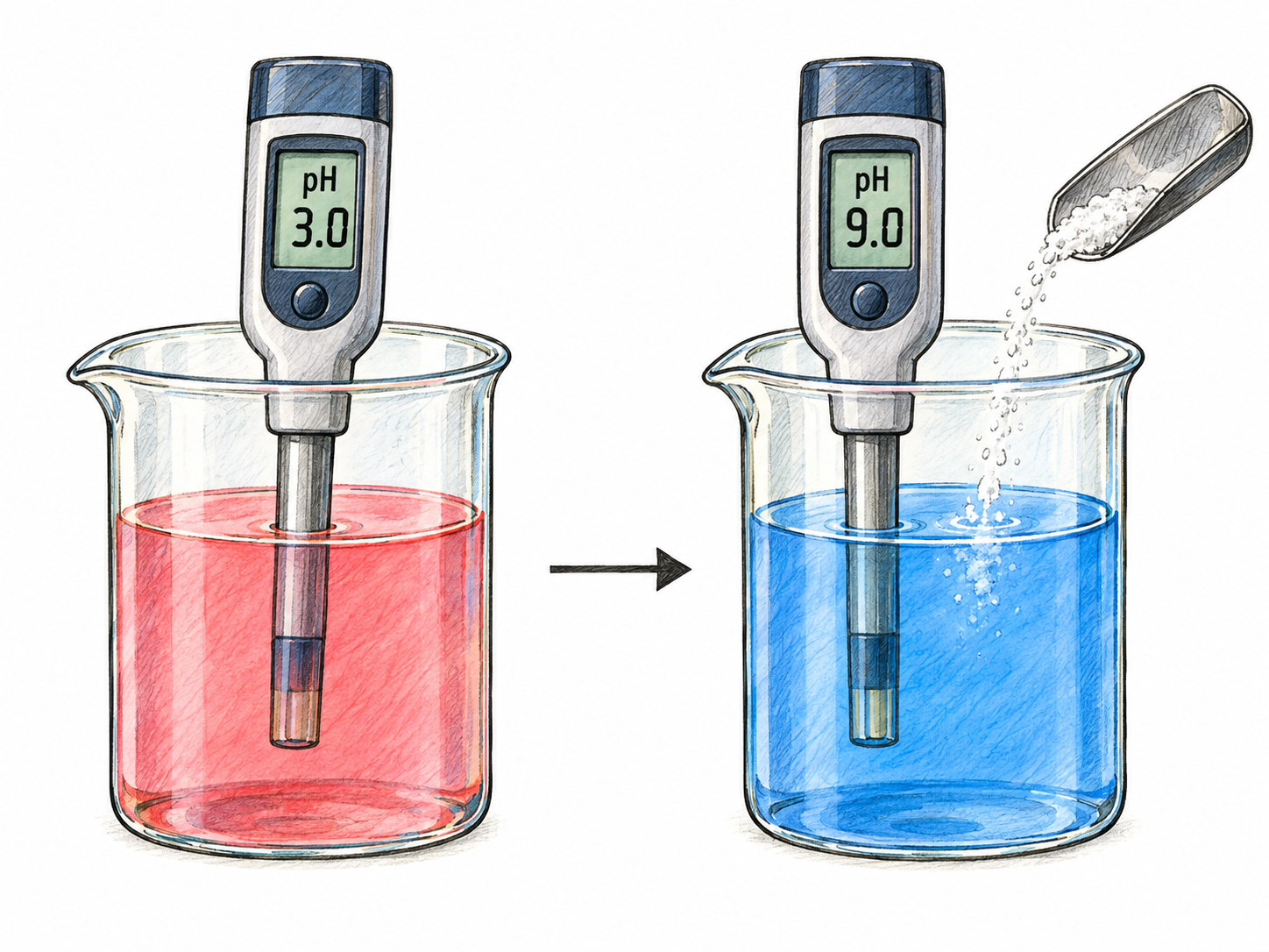 A simple before-and-after laboratory arrangement shows an acidic liquid becoming basic as a white powder is added: matching beakers have immersed digital pH probes reading 3.0 before and 9.0 after, with a small directional arrow between the two stages.