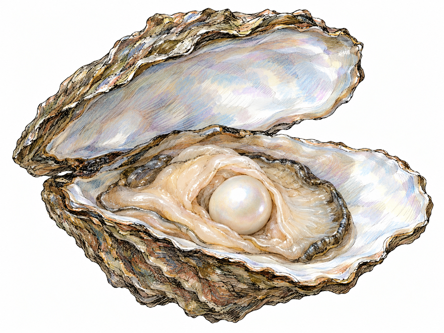A close-up of an opened pearl oyster with one smooth, round, lustrous pearl nestled in its soft mantle tissue, visibly connecting the gem to the mollusk that formed it.