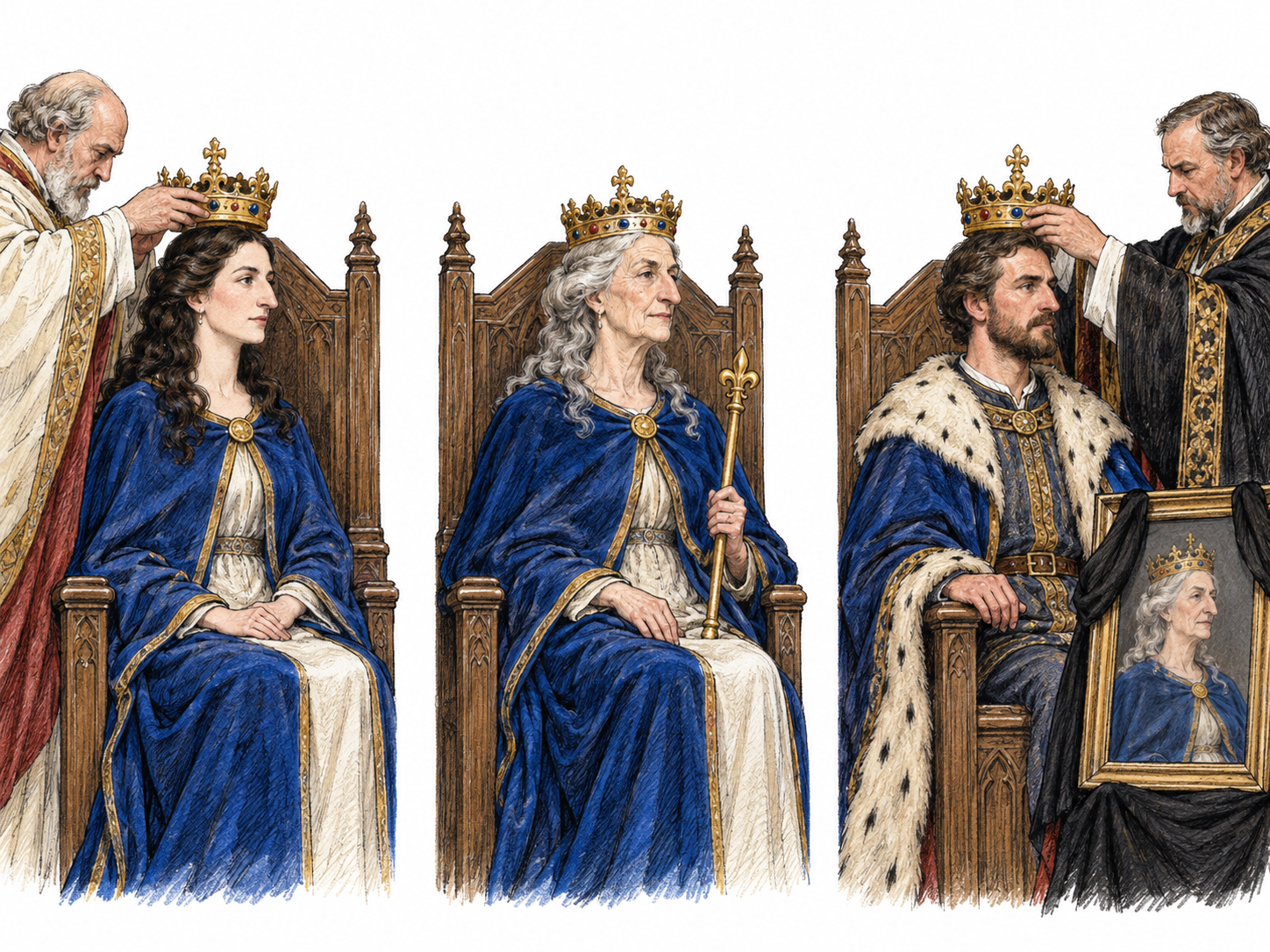 A compact three-scene sequence makes a queen’s reign visible as a bounded span: her coronation, her continued rule in old age, and a successor’s coronation after her death.