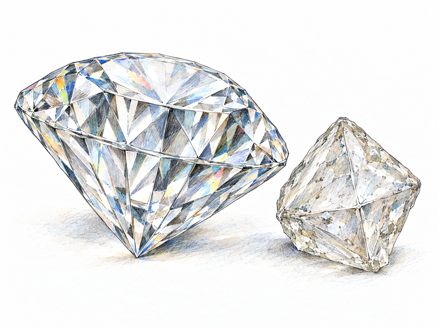 A large loose, colorless brilliant-cut diamond beside a smaller rough octahedral diamond crystal, showing the precious stone in polished and natural forms without jewelry or people.
