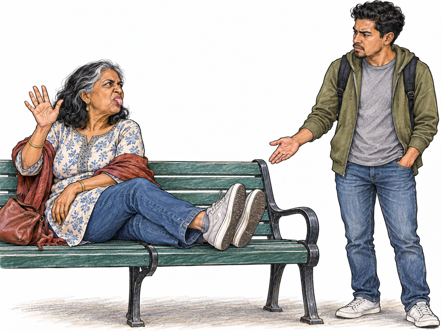 An older woman sprawls across a public bench with her shoes on the adjacent seat.