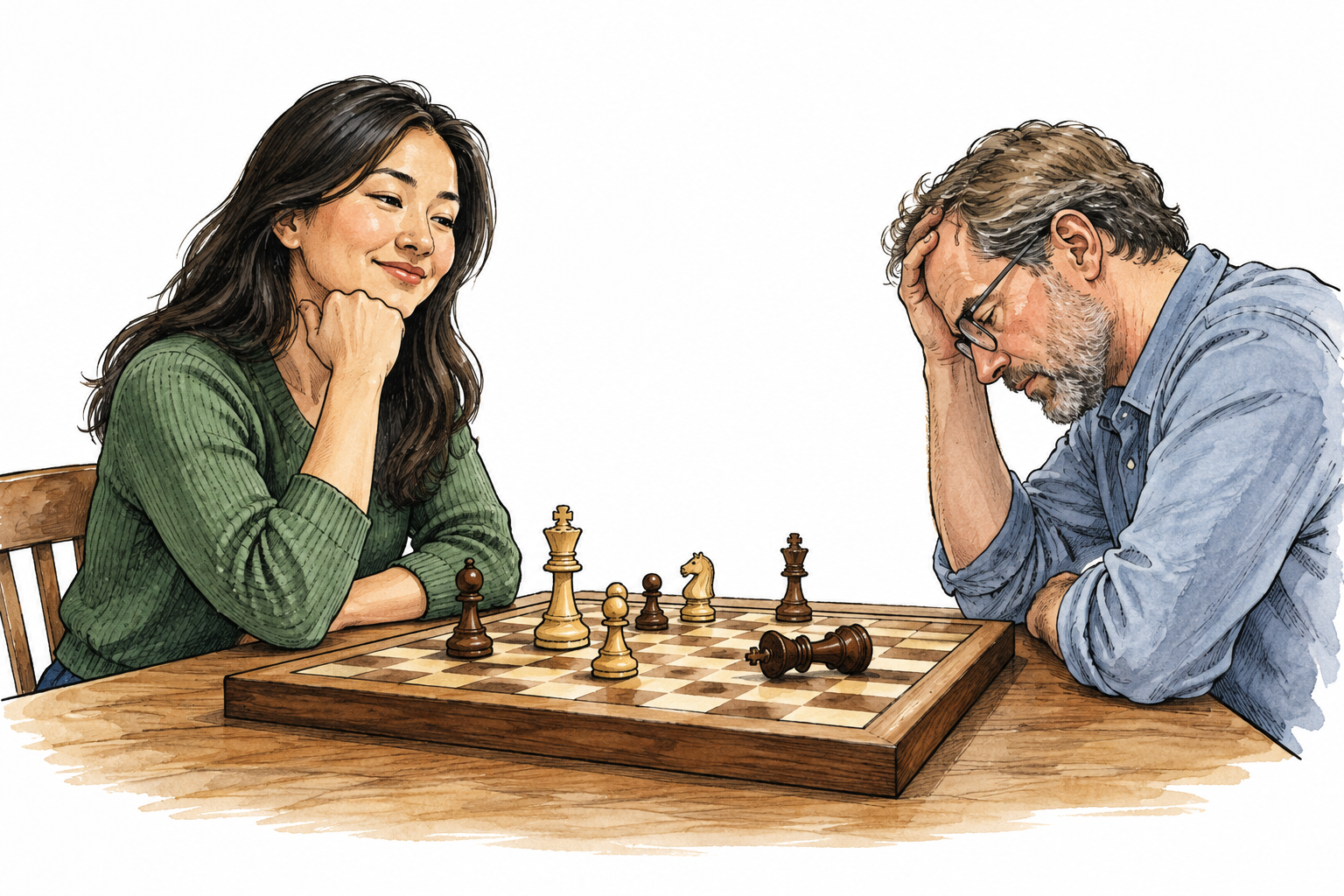 An adult chess player calmly wins as the opponent resigns, king laid on its side.