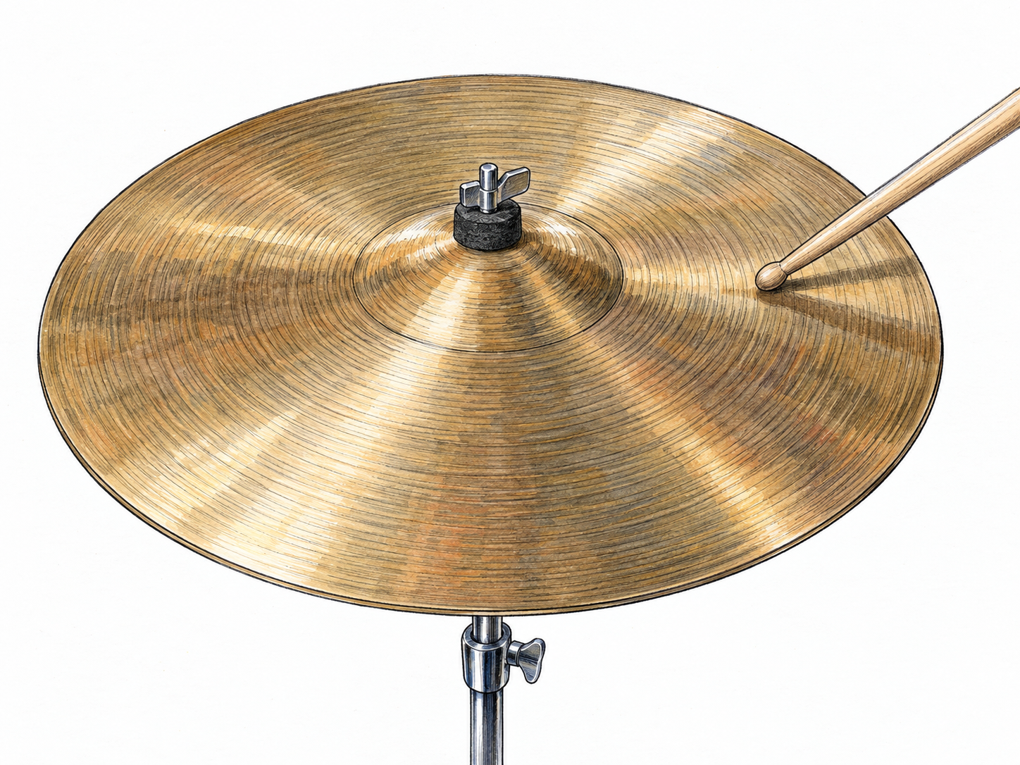 A single bronze cymbal on a minimal stand, with a wooden drumstick touching its outer playing surface, clearly showing the round metal percussion plate and how it is struck.