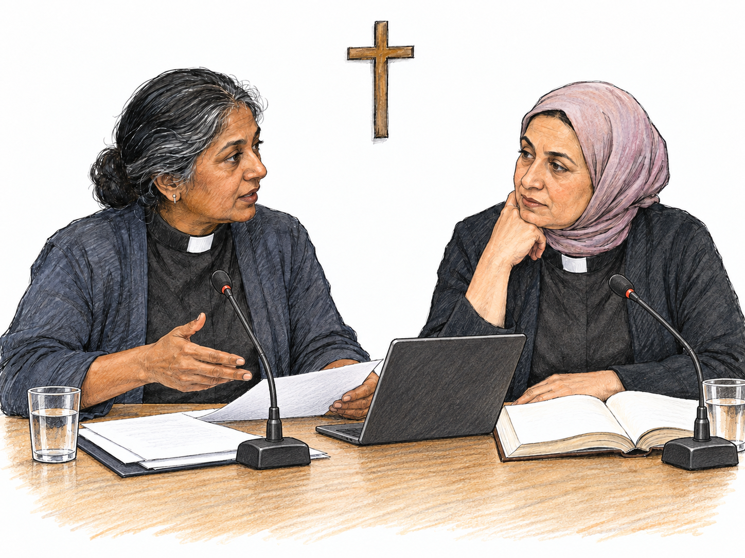 A small contemporary church synod: two senior clergy members seated together at a plain council table, discussing an open book and administrative papers, with a simple wall cross establishing the church setting.