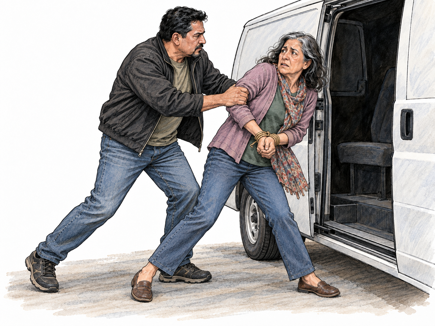 A struggling woman is forcibly pulled toward an open van by a man gripping her upper arm; bound wrists, backward-braced feet, and the open vehicle doorway make the forced removal explicit.
