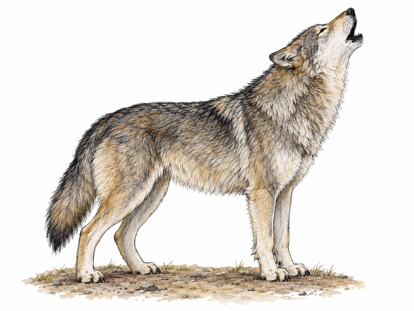 A lone wolf howling, its neck stretched upward and muzzle raised with rounded, open jaws: a recognizable animal posture for a sustained, mournful cry.