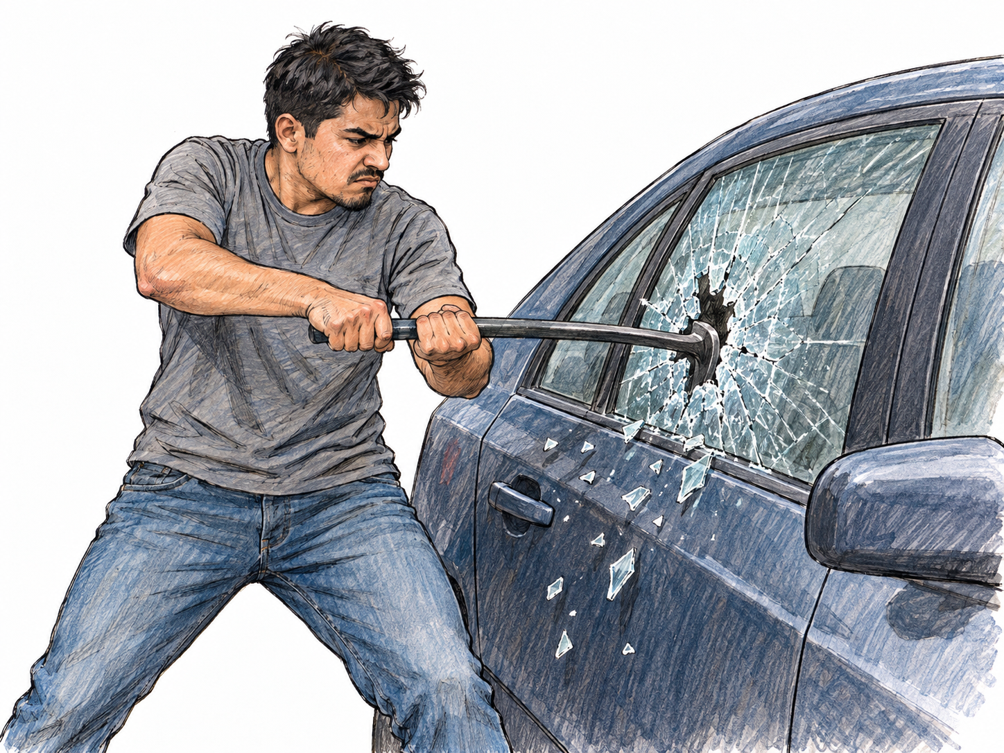 A man caught in the act of smashing a parked car's side window with a crowbar, clearly showing the person directly committing the harmful act.