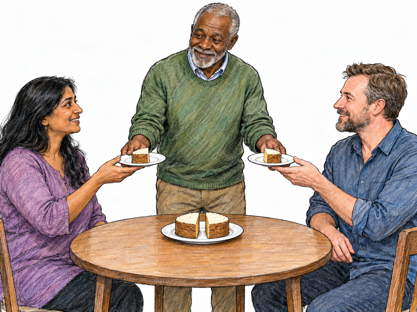 An impartial distributor divides a small cake into four equal quarters and gives two people one identical quarter each, with the remaining two quarters plainly visible.