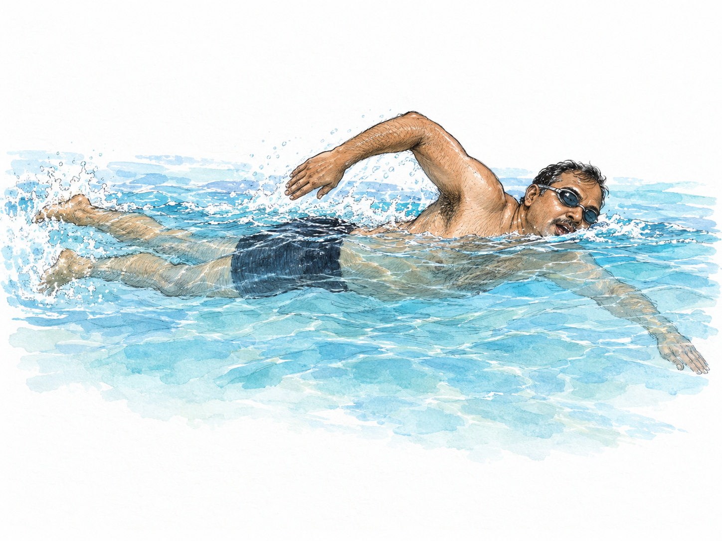 A single swimmer moving horizontally through clear water with a recognizable front-crawl stroke and flutter kick, visibly propelling himself without flotation equipment.