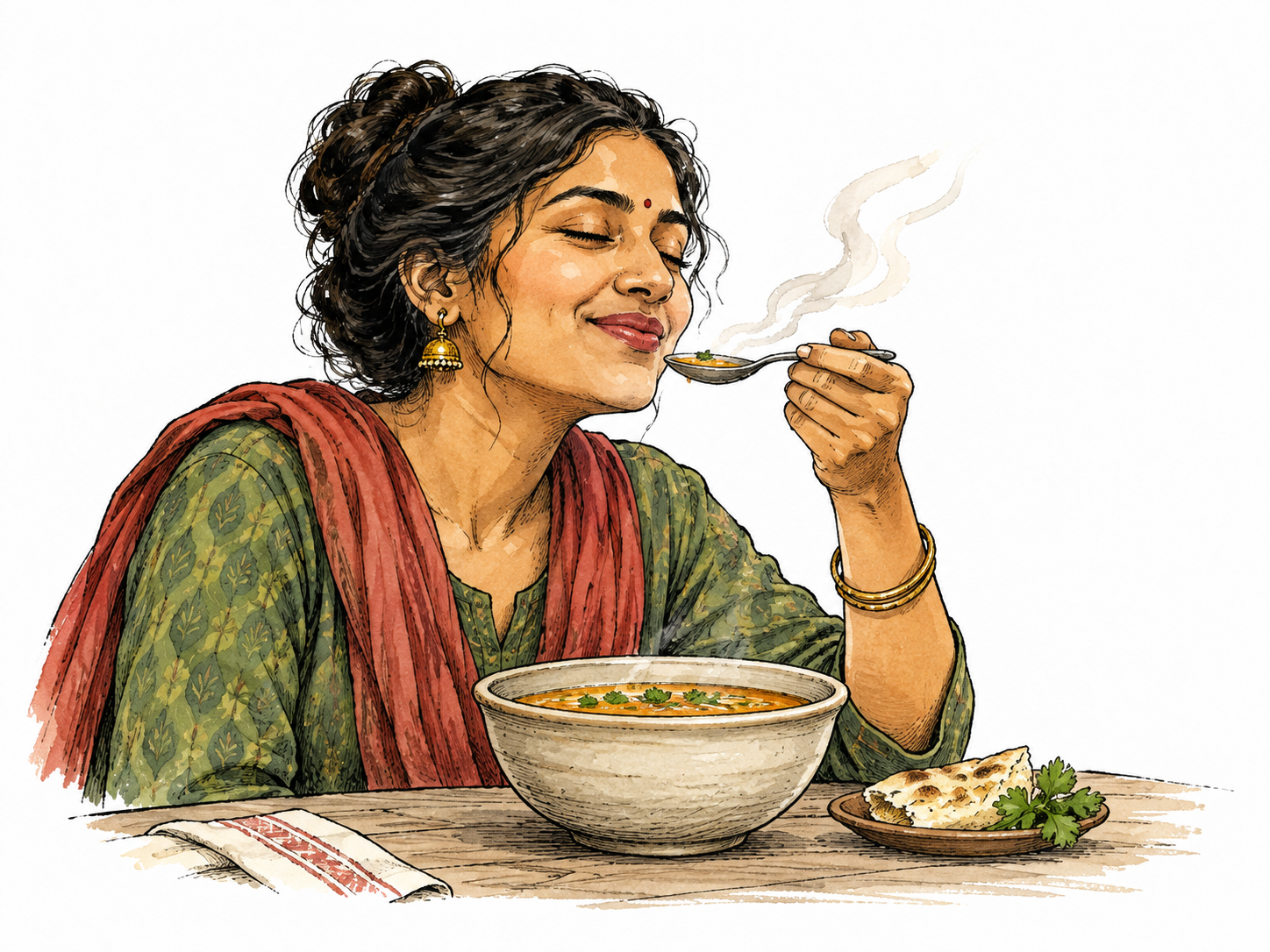 A South Asian diner tastes a spoonful of soup with unmistakable pleasure, warm steam and appetizing food.