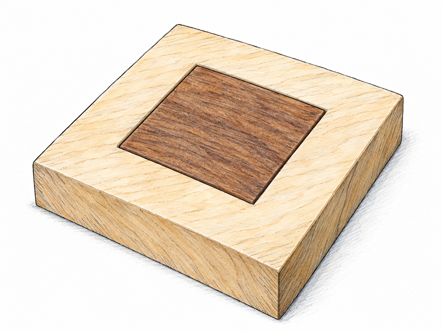A square wooden tile fits exactly into a matching square recess, with all four edges and corners precisely aligned and its top flush with the surrounding board.