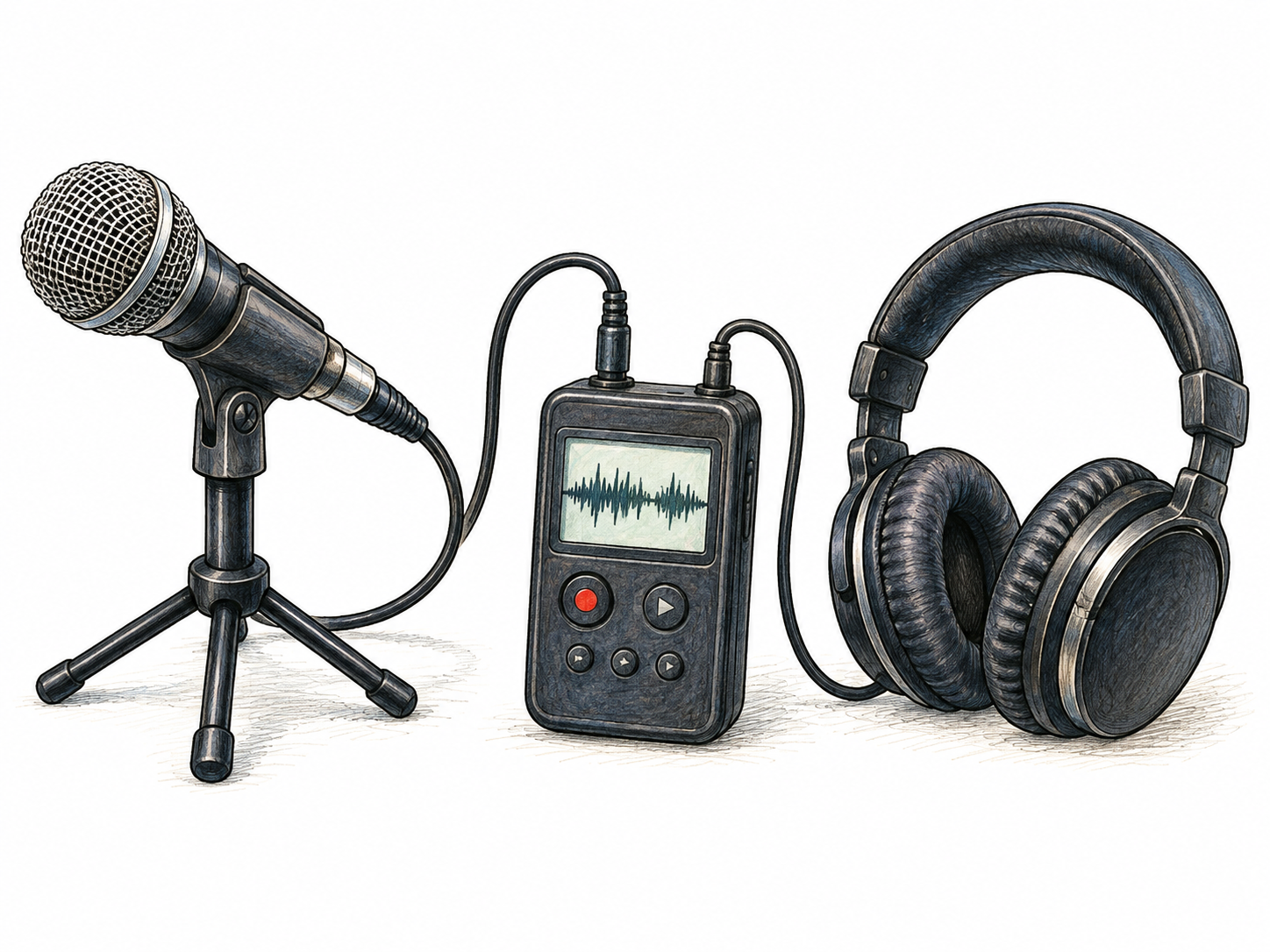 Microphone wired to compact audio recorder then headphones, recorder screen shows simple waveform only; sound recording and reproduction clear, no brand names or text.